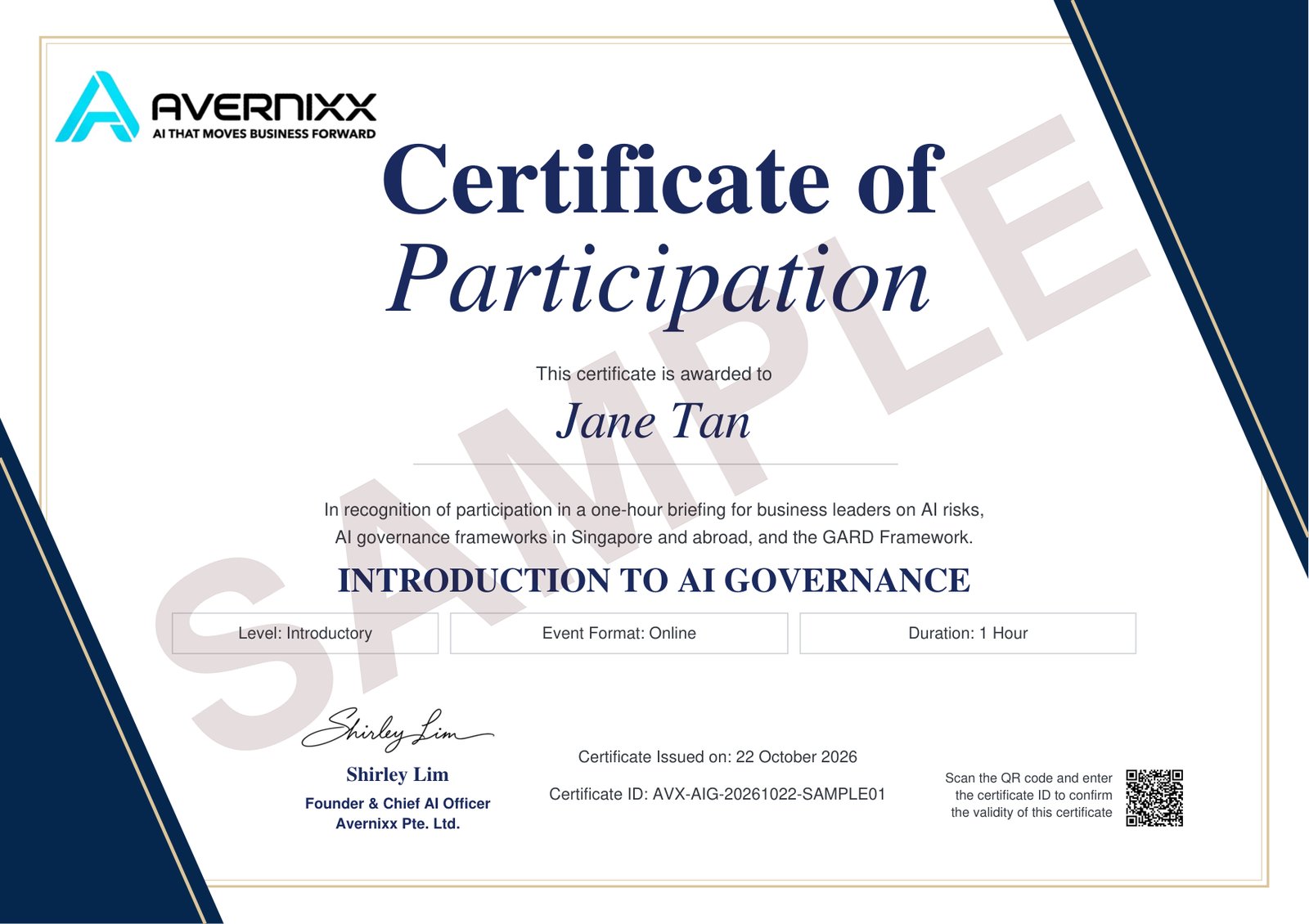 Sample Certificate of Participation for Introduction to AI Governance, marked SAMPLE